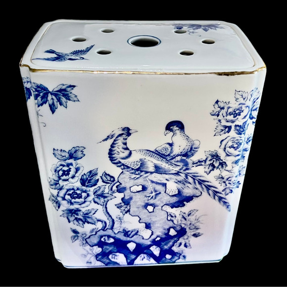Andrea by Sadek Porcelain Flower Frog Chinoiserie Blue White with Birds - Picture 1 of 9